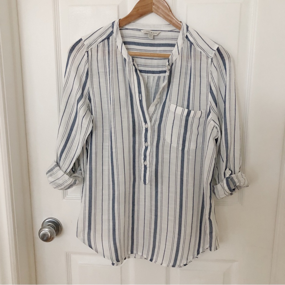 Lucky Brand Blue Striped Button Down Cotton Long Sleeve Top Blouse Size Medium